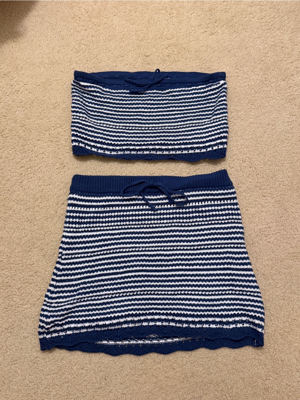 Altar’d State Navy and White Striped Knit Skirt and Tube Top Set